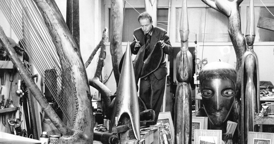 Beniamino Bufano at work in his North Beach, Greenwich Street studio-1955 Courtesy of the San FranciscoHistory Center, San Francisco Public Library