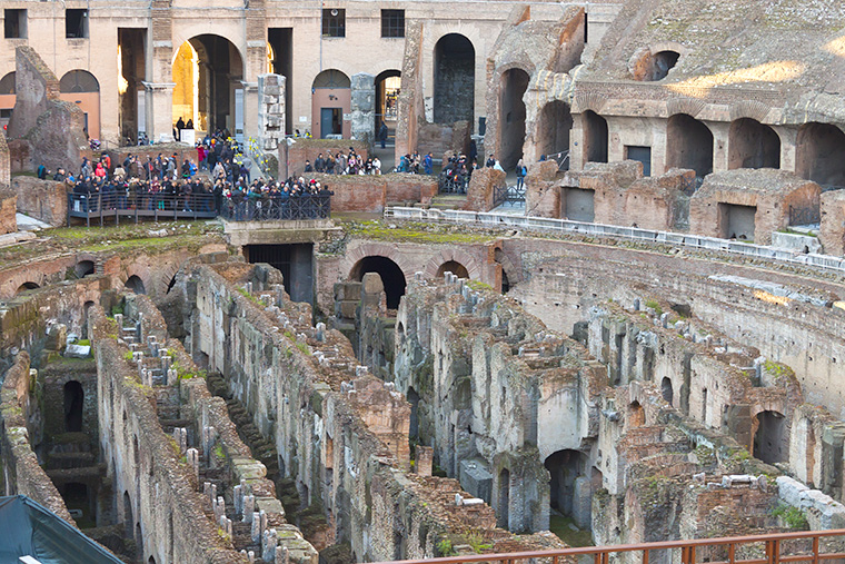 An internal view of the Colosseum, the Flavian Amphitheatre, with the hypogeum and arena. — Photo by DavideMontalenti