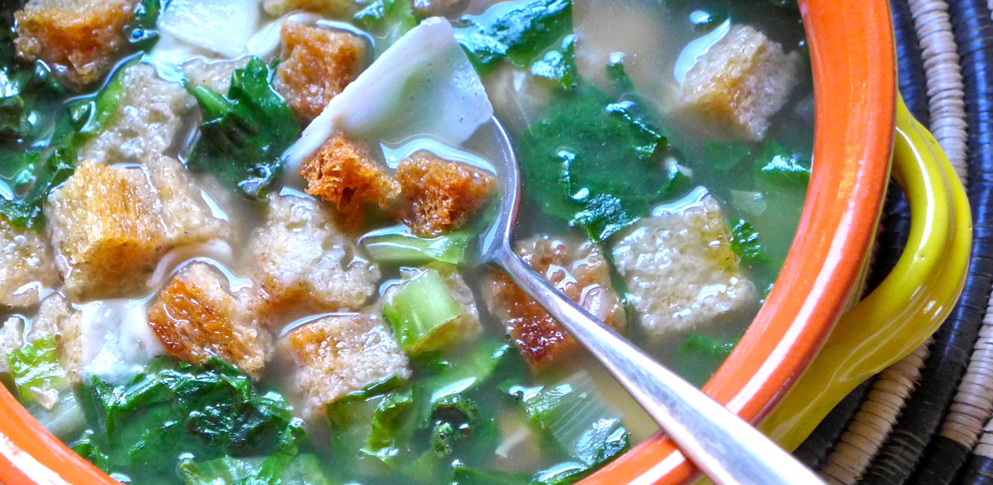 Escarole soup with sizzling olive oil croutons, parmigiano-reggiano DOP shavings. | Photo copyright Nathan Hoyt 2017