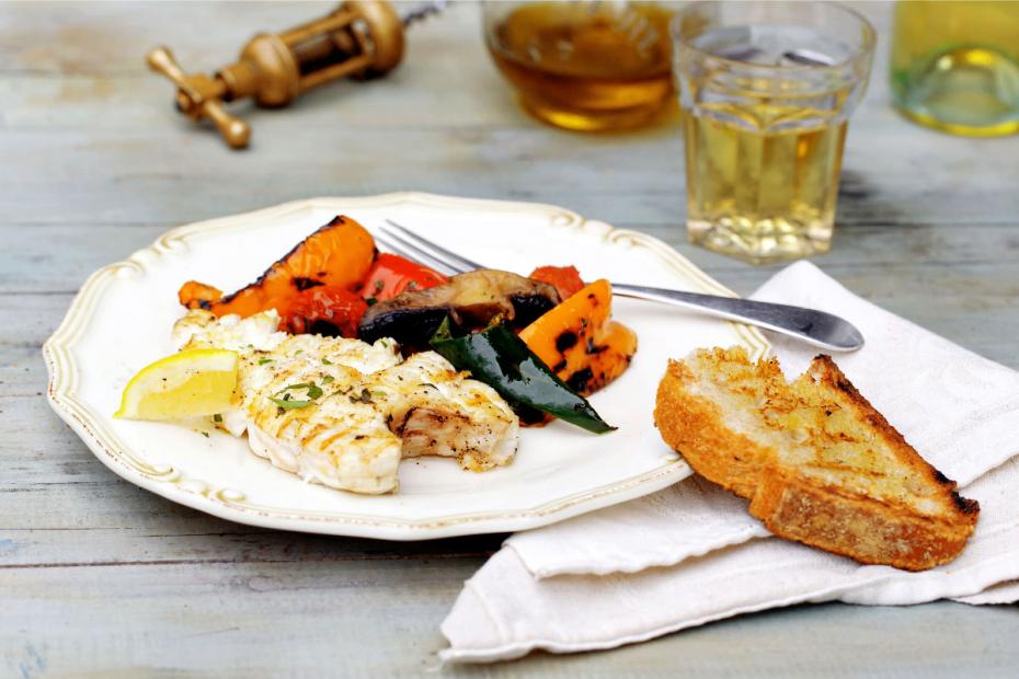 Simply Grilled Halibut and Marinated Vegetables. | Credit: Copyright Kristin Teig Photography