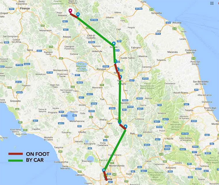 The Saint Francis pilgrimage route to Rome