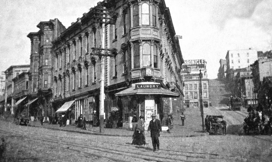 The Gateway to North Beach, the intersection of Columbus and Kearny Streets, c1900. Copyrights: J.B. Monaco Collection (SFP 48), San Francisco History Center, San Francisco Public Library