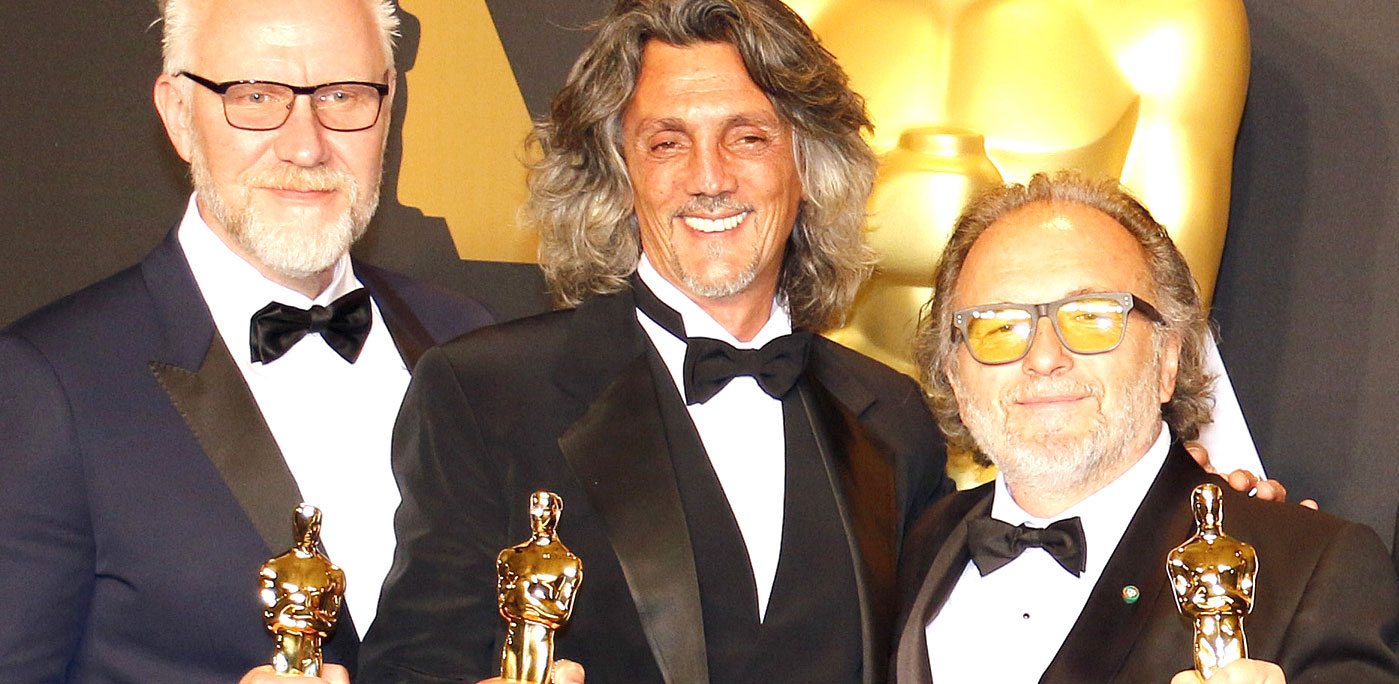 (L-R) Makeup artists Christopher Allen Nelson, Giorgio Gregorini and Alessandro Bertolazzi, winners of the award for Makeup and Hairstyling for 'Suicide Squad'. Photo by PopularImages