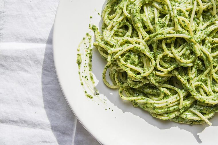 Spaghetti with pistachio pesto in my New York kitchen. Credit: Copyright 2013 Nathan Hoyt/Forktales