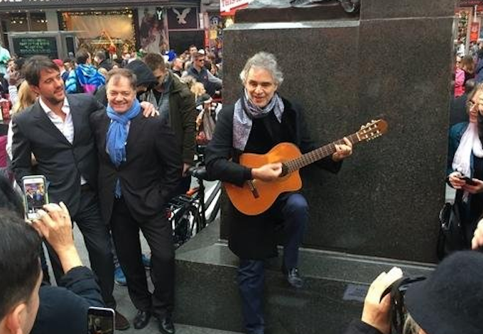 Tenor Andrea Bocelli performs for homeless in Times Square