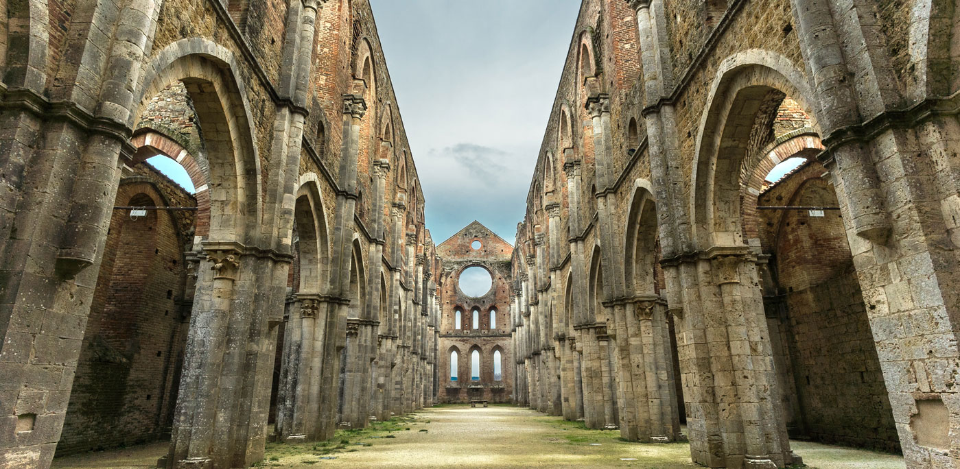 Internal view of San Galgano abbey in Tuscany, Italy. — Photo by michelecaminati