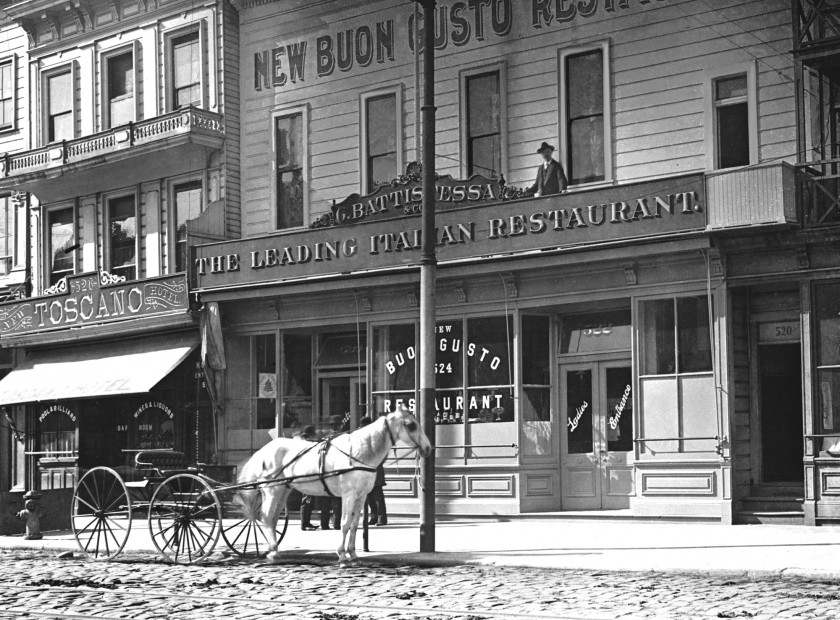 Part of the early Italian Frontier were the Toscano Hotel and New Buon Gusto Restaurant on Broadway – c.1910 Courtesy of Richard Monaco, J.B. Monaco Collection, San Francisco History Center, San Francisco Public Library