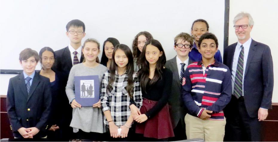 A group of eighth graders from PS126/ Manhattan Academy of Technology with the Chief Executive Officer of Brooks Brothers, Claudio Del Vecchio