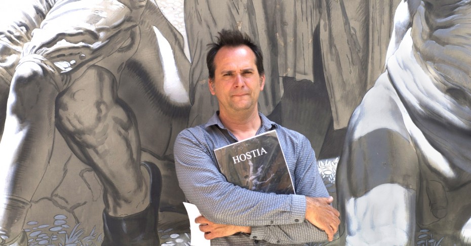 The LA-based artist Nicola Verlato standing in front of "Hostia", an ongoing figurative tribute to Pasolini. Photo: Vincenzo De Francesco