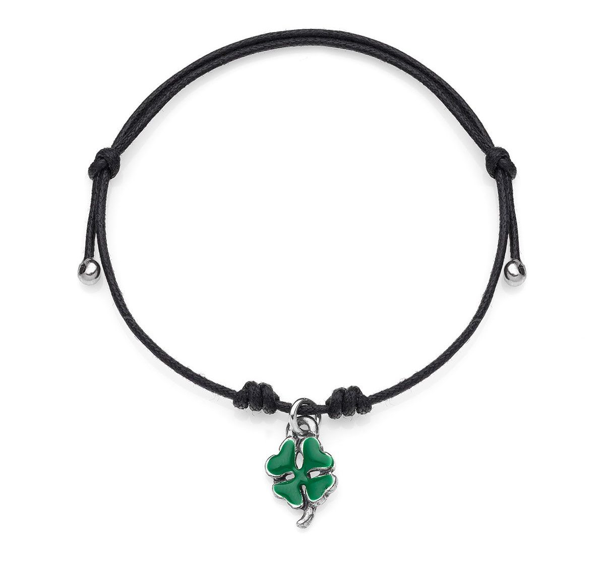Mini Black Cotton Cord Bracelet with Mini Four-Leaf Clover Charm in  Sterling Silver and Enamel