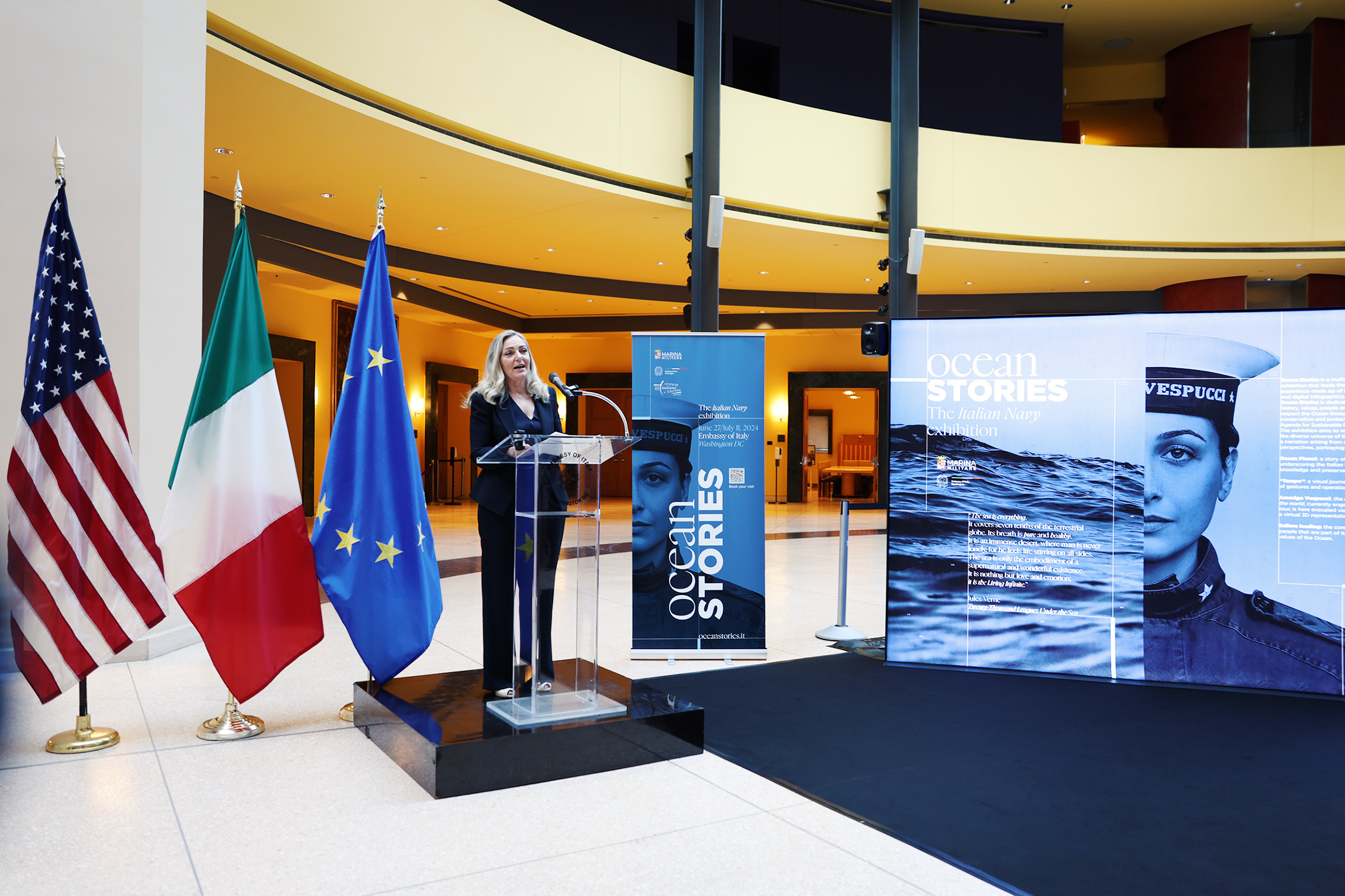 Italian Ambassador Mariangela Zappia at the inauguration of the "Ocean Stories" exhibition by the Italian Navy took place at the Italian Embassy in Washington D.C., in anticipation of the Amerigo Vespucci ship's arrival in Los Angeles